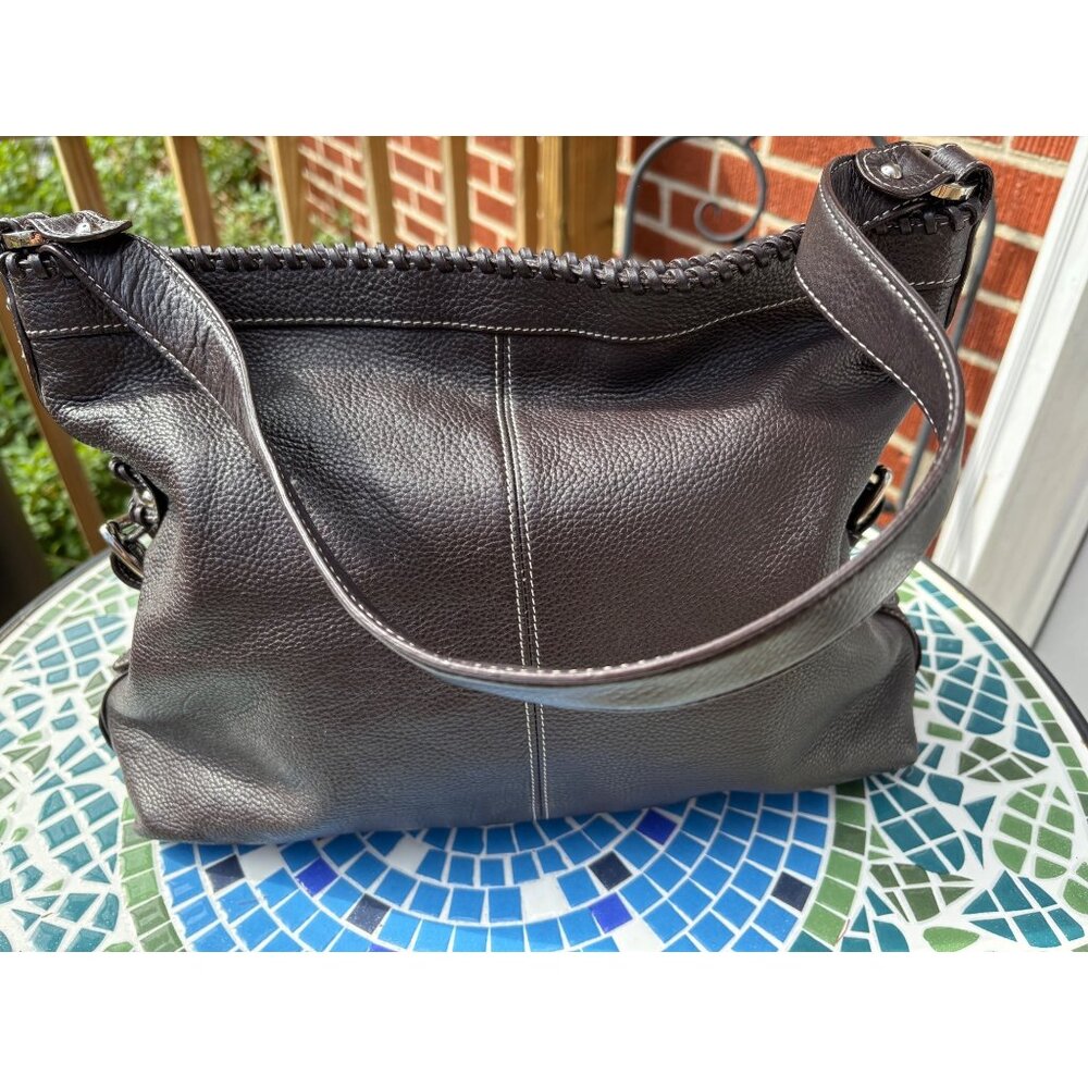 Tignanello Brown Leather Shoulder Bag With Woven Trim & Printed Interior